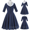 Belle Poque Navy Blue Farbe 3/4 Ärmel Revers Collar Baumwolle Vintage 1950er Dot Sleeved Eva Marie Swing Kleid BP000264-1